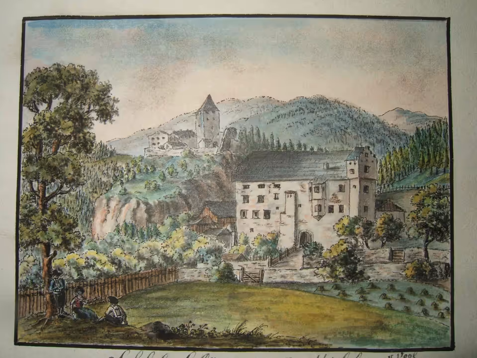 Historic watercolor of the estate below Schöneck Castle